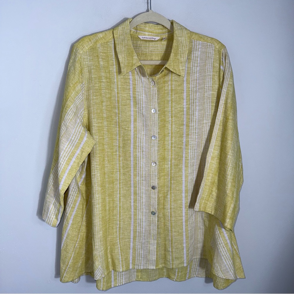 Soft Surroundings Cotton Linen Blend Button Front Blouse Top-Yellow White-1X - Picture 3 of 11